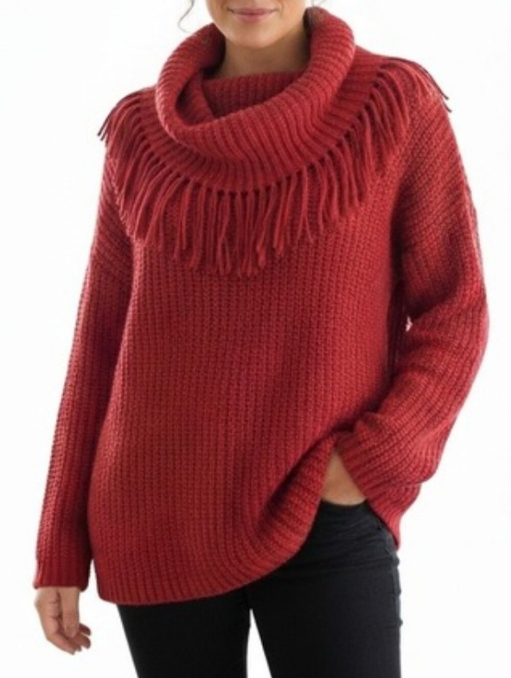 Chico's Cotton Blend Red Fringed Cowl Neck Chunky Knit Sweater Size 2
